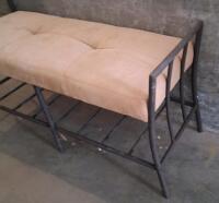 Upholstered Metal Storage Bench, Beige Cushion, Sturdy Frame, Lower Rack - 2