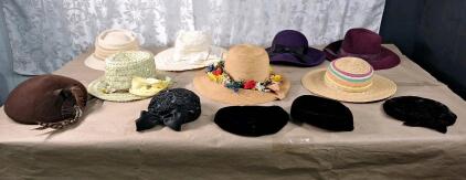 (12) Vintage 1940s-1960s Ladies Hats, Assorted Styles, Colors, Materials & Sizes