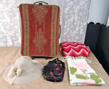 (1) Rolling Suitcase, (1) Sunhat, (1) Shoulder Bag & (2) Handmade Lap Blankets