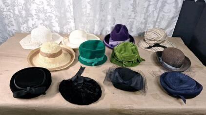 (12) Vintage 1940s-1960s Ladies Hats, Assorted Styles, Colors, Materials & Sizes