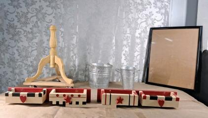 (2) 24" Wide Decorative Wooden Shelves, (1) Rolling Wooden Base / Support, (2) Retro Metal Buckets & (1) 19" x 25" Poster Frame