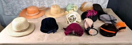 (12) Vintage 1940s-1960s Ladies Hats, Assorted Styles, Colors, Materials & Sizes