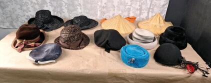 (12) Vintage 1940s-1960s Ladies Hats, Assorted Styles, Colors, Materials & Sizes
