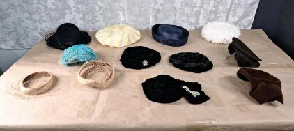 (12) Vintage 1940s-1960s Ladies Hats, Assorted Styles, Colors, Materials & Sizes
