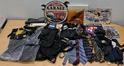 Large Assorted Lot: Ties, Suspenders, Gloves, Led Zeppelin IV LP, Richard Petty & Garage Sign