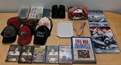 Military Books, History DVDs, Branded Caps, Monster Garage Collectible, Knife & Kitchenware Lot