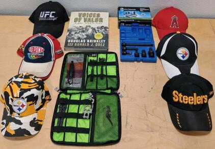 Mixed Lot: Sports/Motorsport Caps, 'Voices of Valor' Book, Multi-Tool Kit, Grey Pneumatic Set