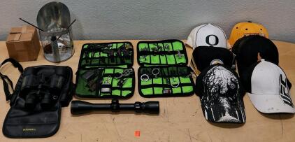 Bushnell Binoculars, Rifle Scope, 6 Caps, Tool Kits, Charcoal Starter&mdash;Outdoor Gear Lot