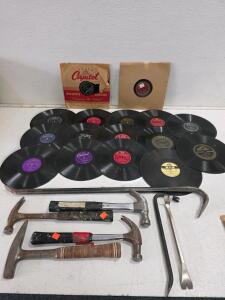 Lot of 15 Vintage 78 RPM Shellac Records (Capitol, Decca, Columbia) + 6 Assorted Hand Tools