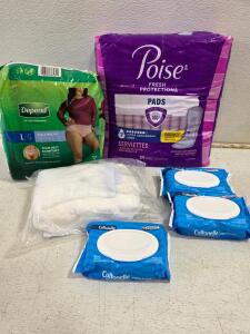 Large Depends Fit-Flex Underwear, Poise Ultra Absorbent Pads, Cottonelle Wipes Mixed Lot