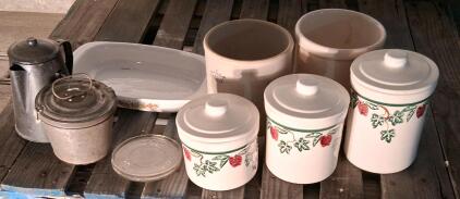 Vintage Ceramic Strawberry Canisters, Stoneware Crocks, Metal Percolator, & Casserole Dish Lot