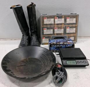 Gold Prospecting Kit: Boots, Gold Pan, AWS Scale, Eclipse ECL10 Pinpointer, Gloves, Discs (Turns On)