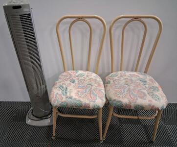 Vintage Metal Frame Floral Chairs (Pair) & Holmes Oscillating Tower Fan, 32" Height, Pastel Fabric (Turns On)