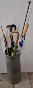 Vintage Metal Umbrella & Cane Stand with Assorted Umbrellas, Mid-Century