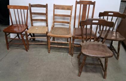 Eclectic Set of 6 Vintage Wooden Dining Chairs &ndash; Mixed Styles, Solid Wood, Woven Seat Included