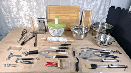(1) Marble Rolling Pin, (1) Salad Spinner, (2) Wooden Cutting Boards & More