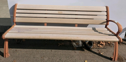 6&rsquo; Outdoor Park Bench &ndash; Tan Composite Slats, Cast Iron Frame, Armrests, Bolt-Down