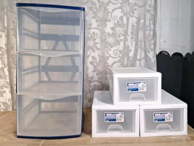 (1) 3-Drawer Plastic Storage Unit & (3) Single Drawer Stackable Storage Units