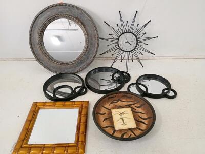 Assorted Decorative Mirrors & Starburst Wall Clock Set - Metal, Faux Bamboo, Multi-Shape, 24" Max