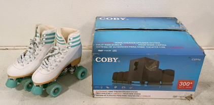 COBY CSP96 5.1 Channel 300W Home Theater System & Retro White/Teal Quad Skates