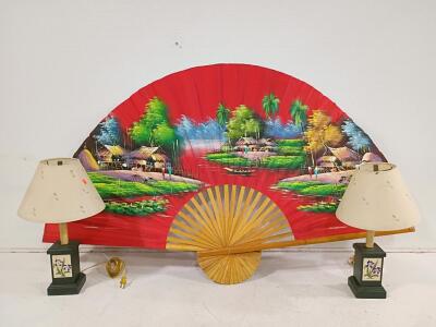 Pair of Floral Table Lamps & Large 60" Hand-Painted Asian Wall Fan, Vintage Set