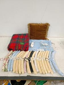 Foxford Mohair Throw, Sunbeam Heating Pad, Cushion, and Padded Hangers Lot