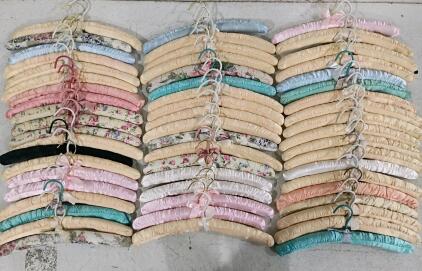 Lot of 57 Satin Padded Clothes Hangers, Assorted Floral & Pastel Colors, 16-inch Adult Size