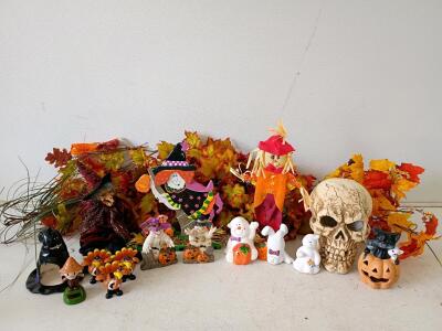 Mixed Lot 19 Fall Halloween Decorations: Figurines, Faux Leaf Garland, Skulls, Pumpkins, Turkeys