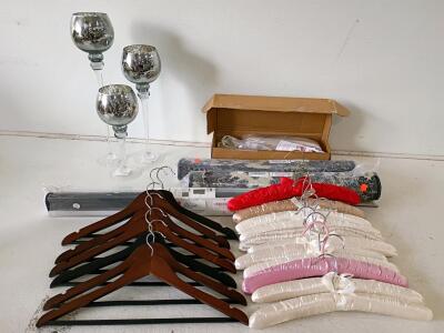 Mixed Lot: Decorative Candle Holders, Window Treatments, and Clothes Hangers