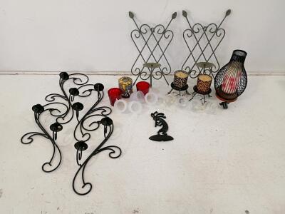 Large Mixed Lot Scroll Iron Candle Sconces, Holders, Glass Shades, Lantern, Kokopelli Decor
