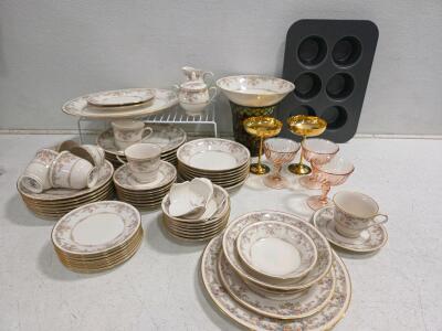 Vintage Fine China Dinnerware Set, 45 Pieces, Floral Gold Trim, Coupe Glasses, Serving Platters