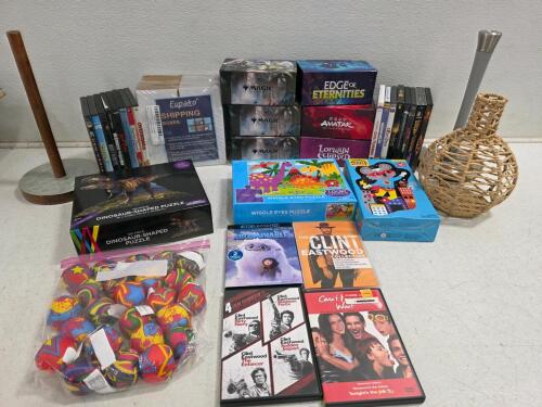 Mixed Lot DVDs, Magic: The Gathering Boxes, Puzzles, 24 Hacky Sacks, Rope Vase