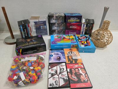 Mixed Lot DVDs, Magic: The Gathering Boxes, Puzzles, 24 Hacky Sacks, Rope Vase