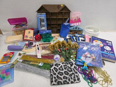 Large Mixed Arts & Crafts Lot: Calligraphy Set, Miniatures, Pipe Cleaners, Wooden miniature Shelf, 35+ Items