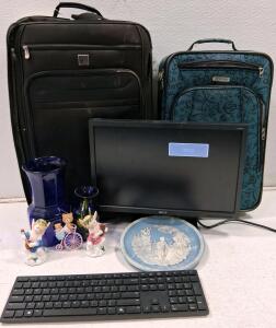 Acer V223W Monitor, Pierre Cardin & Rockland Luggage, Keyboard, Decor, 9 Items (Turns On)