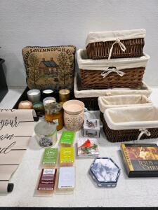 Assorted Home Decor Lot: Wicker Baskets, Pillow, Candles, Scentsy Wax Melts, Audio CD Set