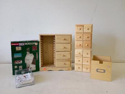 Tasco 900X Microscope Kit, 4 Wooden Mini Drawer Cabinets, VAZIOYAR Thermostat Lock Box Mixed Lot