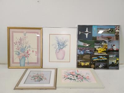 Lot of 5 Framed Floral Prints & Cross-Stitch Artworks Plus Motorsport Racing Collage 1980s-90s