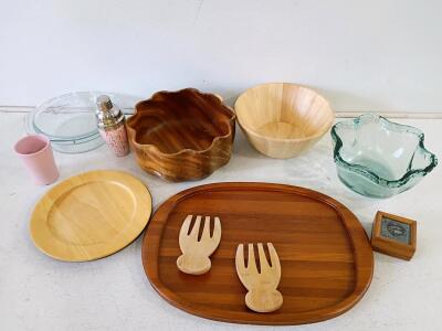 Large Lot: Wood Plates, Bowls & Tray, Glass Bakeware, Cocktail Shaker, Peace on Earth Box