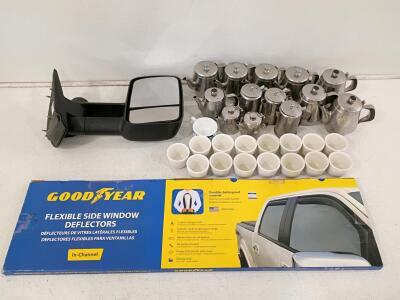Mixed Lot: 13 Stainless Teapots, 16 Porcelain Cups, Ford Tow Mirror & Goodyear Deflectors