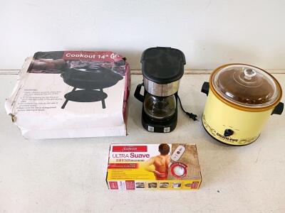 Cookout 14" Grill, Rival Crock-Pot Vintage Slow Cooker, Gourmia Coffee Maker, Sunbeam Heating Pad
