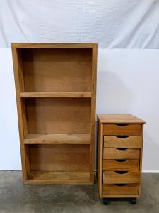 Wooden Bookshelf with 3 Fixed Shelves & 5-Drawer Rolling Storage Unit Light Natural Finish