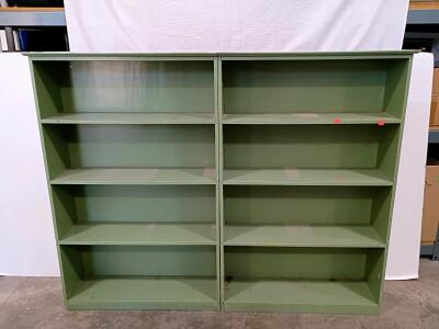 Pair of Large 4-Shelf Green Painted Wooden Bookcases, 31.5"x48" Each, Fixed Shelves