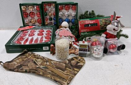 Christmas Ornament Lot &ndash; 85+ Items, Vintage Glass, Bugs Bunny Plush, Camo Stocking, Lights, Collectibles