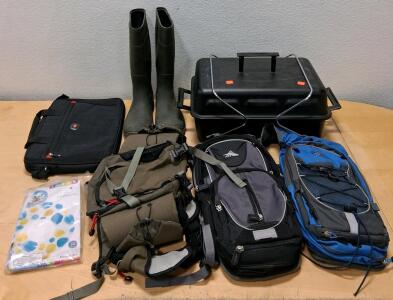 Outdoor Gear Lot: Rubber Boots, SwissGear Case, Mountain Summit Backpacks, Intex Tube, Grill Box
