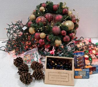Holiday Wreath, Christmas Lights, Pinecones & Vintage C7 Bulbs &ndash; Decor Assortment Bundle (Some Turn On)