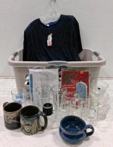 Assorted Household Goods Lot: 12+ Glassware, Brilliante Dress, Suit Bag, Laundry Basket