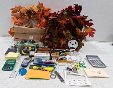 Halloween, Mixed Office & School Supplies with Calculators, Kodak Camera, Autumn Leaf Wreath & Garland
