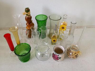 Mixed Lot of 19 Vintage Decorative Glass Vases, Bottles & Jars &ndash; Assorted Styles & Colors