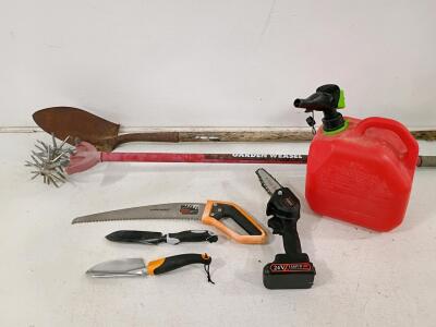 Fiskars 10" Folding Saw, F.EASY.D 24V Mini Chainsaw, Garden Weasel Cultivator, Scepter Gas Can